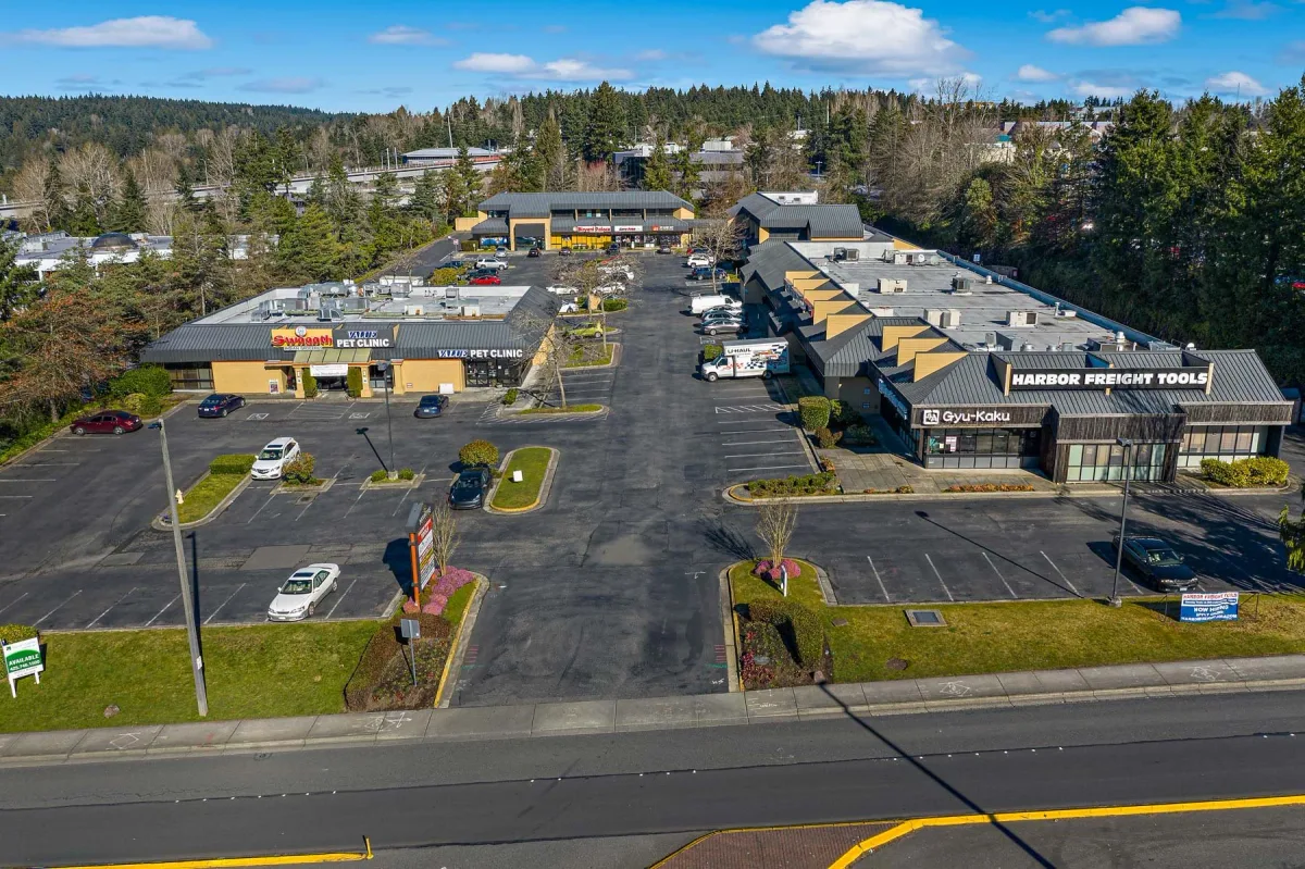 Aerial view of Mountvue Place storefronts and parking areas