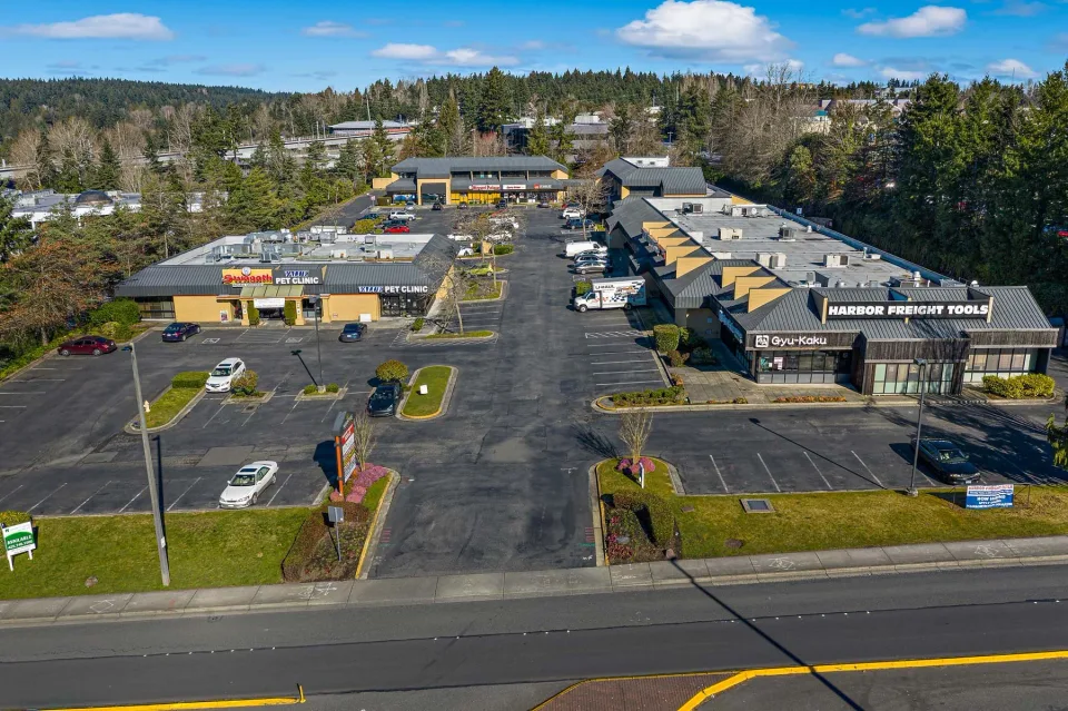 Aerial view of Mountvue Place storefronts and parking areas