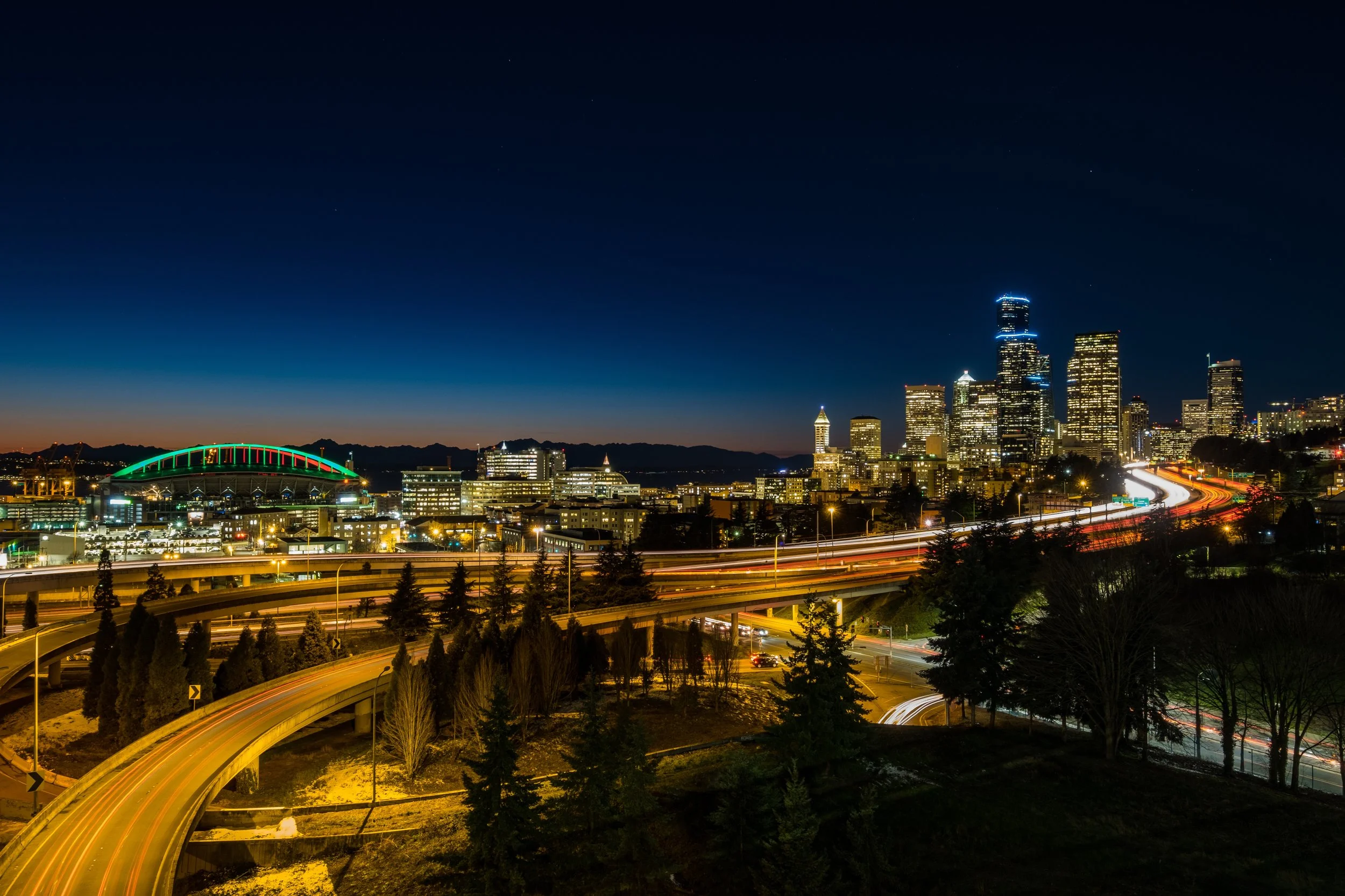 Seattle’s skyline at dusk, looking toward downtown